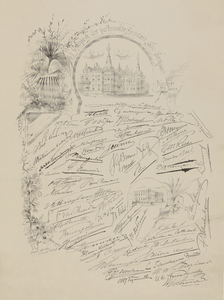 32840 Blad met handtekeningen van de aanwezigen bij het diner gegeven bij de opening van de verbouwde sociëteit Sic ...